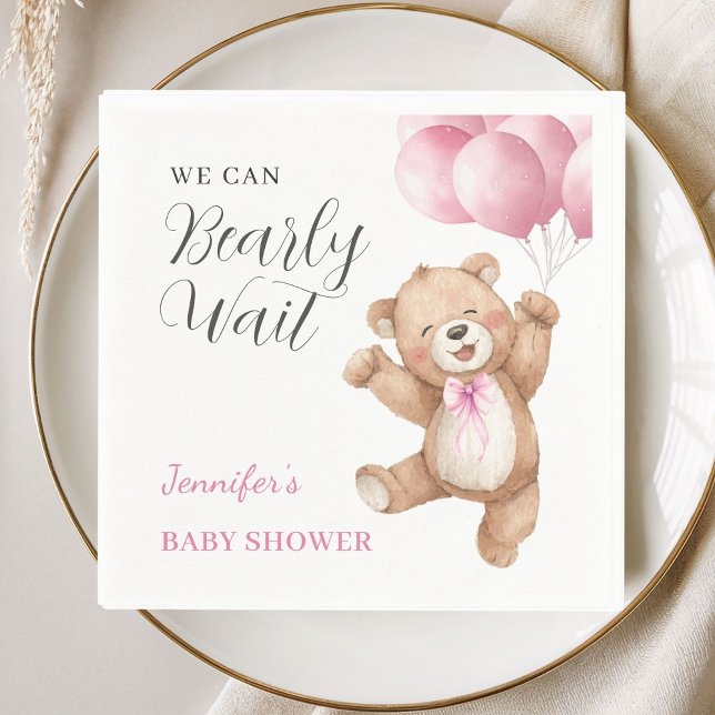 We Can Bearly Wait Girl Teddy Bear Baby Shower Napkins (Creator Uploaded)