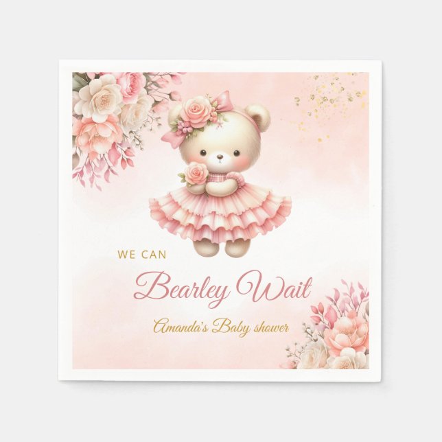 We can bearly wait Girl Teddy Bear Baby Shower Napkins (Front)