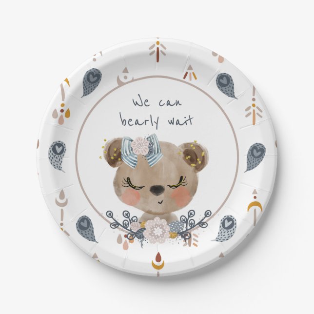 We Can Bearly Wait Girl Teddy Bear Baby Shower Paper Plates (Front)