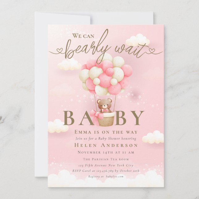 We can Bearly Wait Girl Teddy Bear Pink Baby  Invitation (Front)