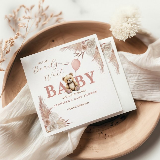 We Can Bearly Wait Girl Teddy Bear Pink Boho Napkins (Creator Uploaded)