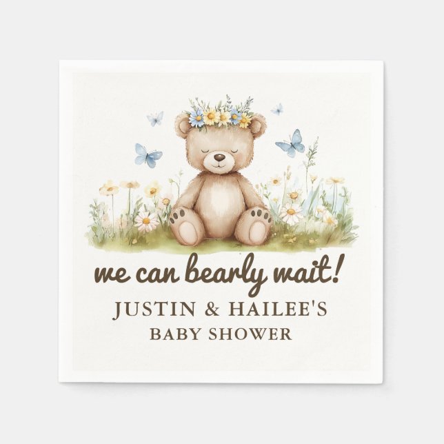 We Can Bearly Wait Girly Wildflower Baby Shower Napkins (Front)