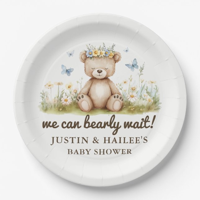 We Can Bearly Wait Girly Wildflower Baby Shower Paper Plates (Front)