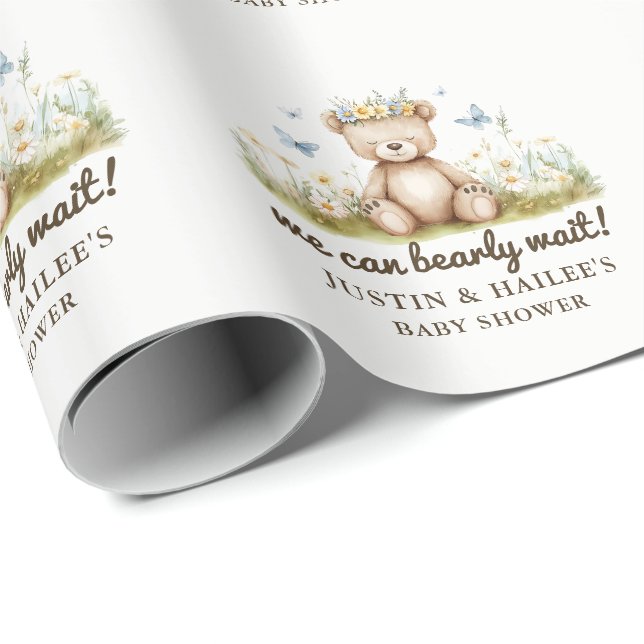 We Can Bearly Wait Girly Wildflower Baby Shower Wrapping Paper (Roll Corner)