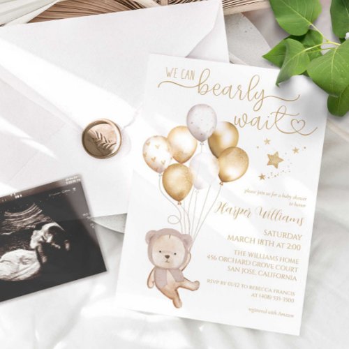 We Can Bearly Wait Gold Balloons Stars Baby Shower Invitation