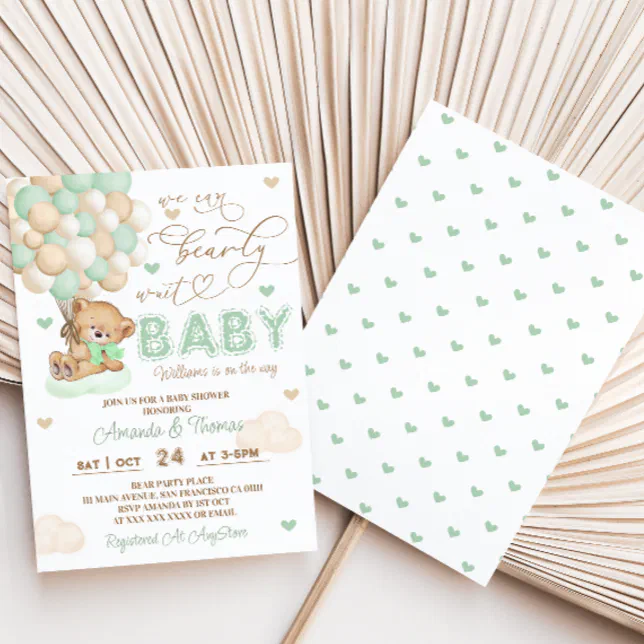 We Can Bearly Wait Green Baby Shower Invitation | Zazzle