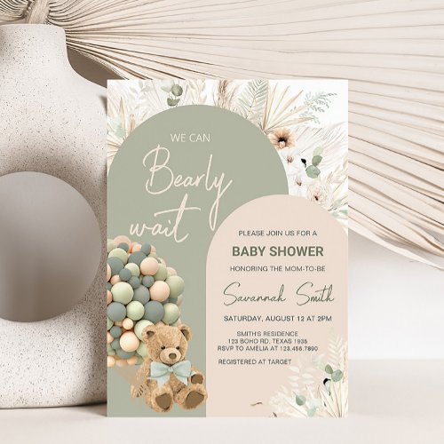 We Can Bearly Wait Green Baby Shower Invitation