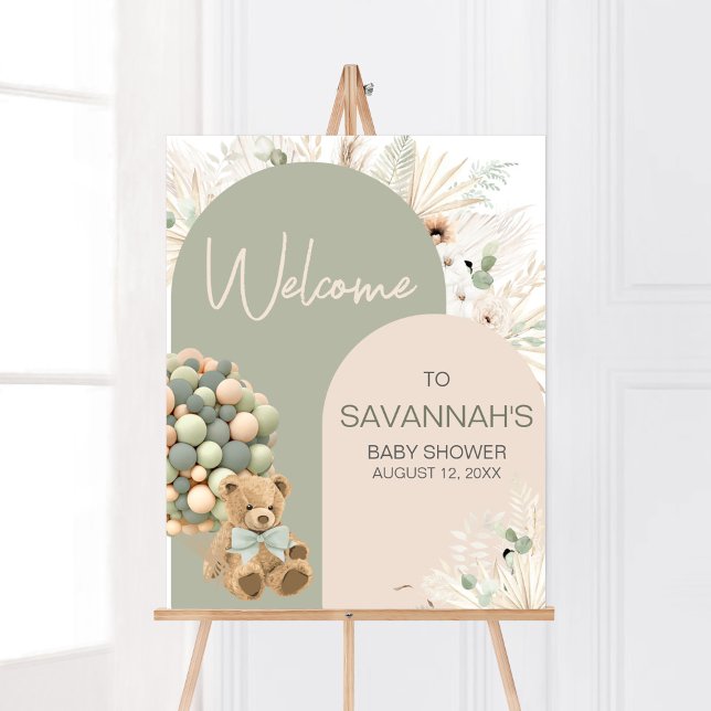 We Can Bearly Wait Green Baby Shower Welcome Poster (Green Boho Teddy Bear Baby Shower Welcome Sign)