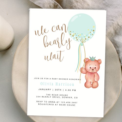 We Can Bearly Wait Green Balloon Bear Baby Shower Invitation