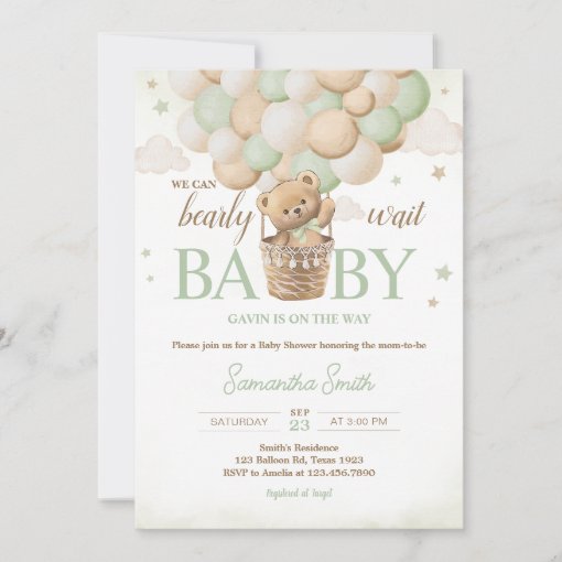 We Can Bearly Wait Green Bear Baby Shower Invitation | Zazzle