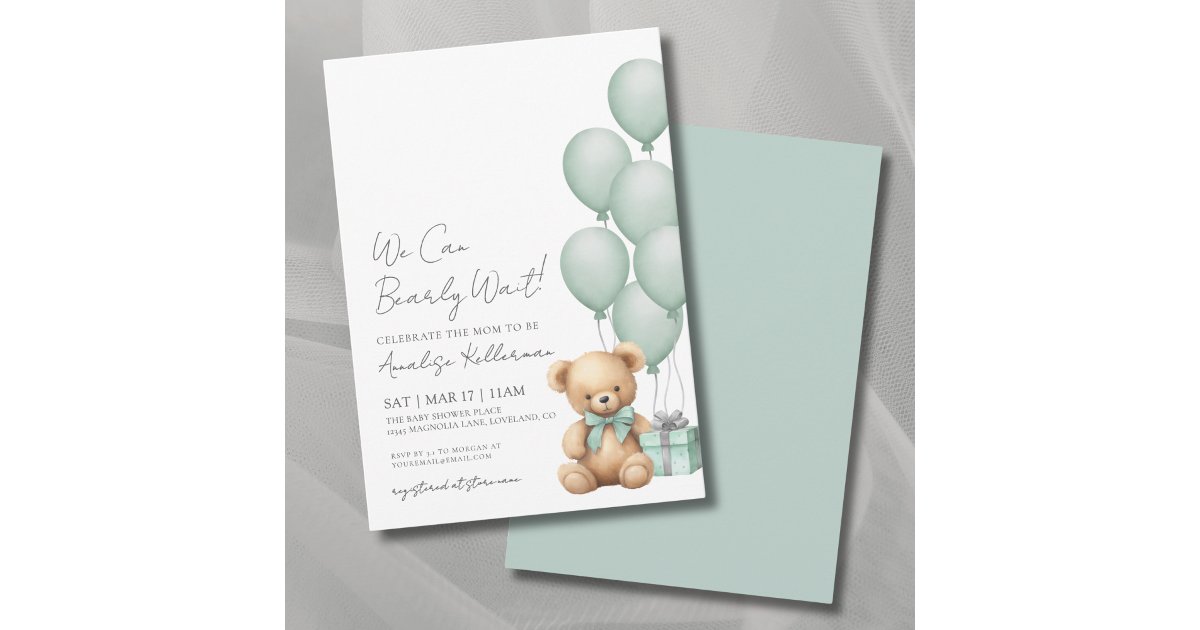We Can Bearly Wait Green Bear Baby Shower Invitation | Zazzle
