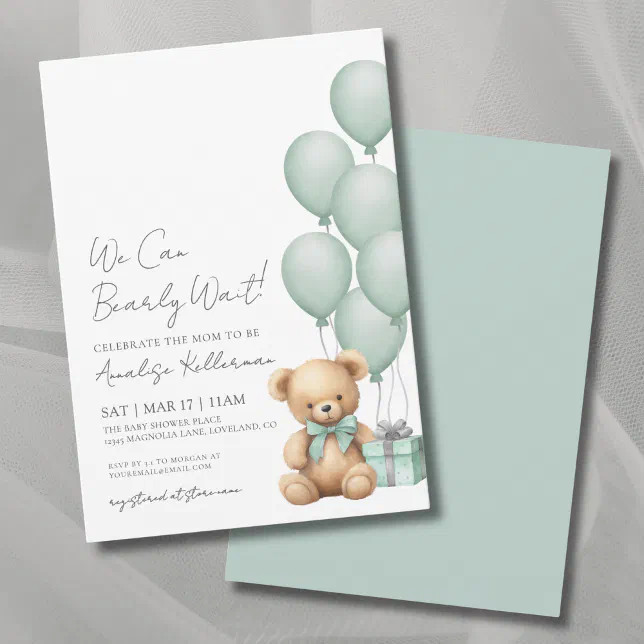 We Can Bearly Wait Green Bear Baby Shower Invitation | Zazzle