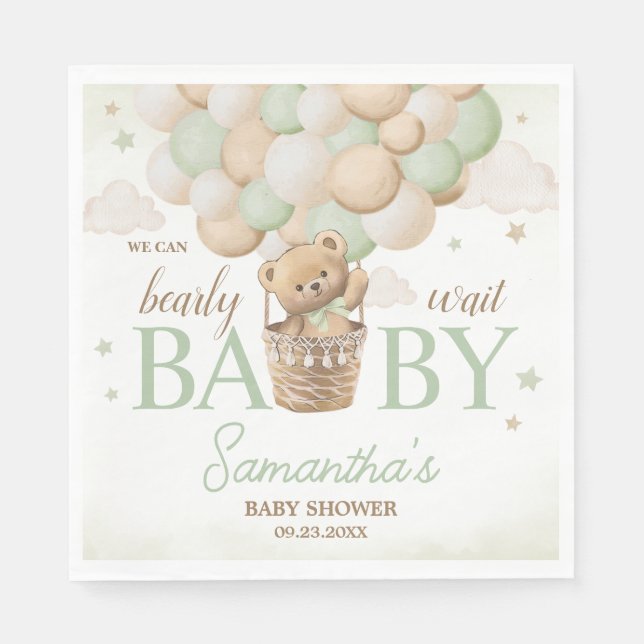 We Can Bearly Wait Green Bear Baby Shower Napkins (Front)