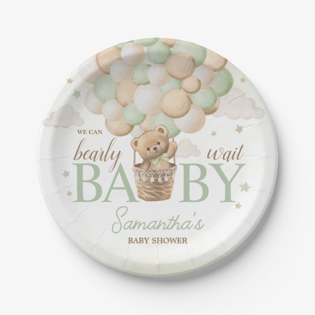 We Can Bearly Wait Green Bear Baby Shower Paper Plates (Front)