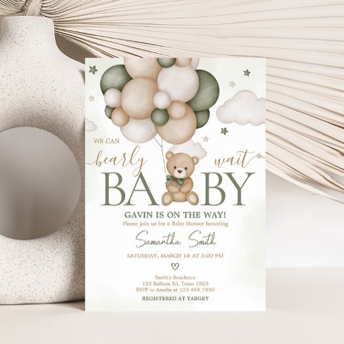 We Can Bearly Wait Green Boho Baby Shower Invitation