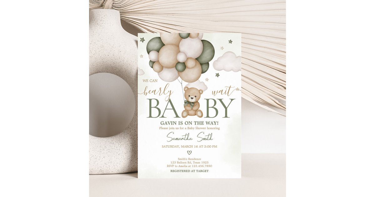 We Can Bearly Wait Green Boho Baby Shower Invitation | Zazzle