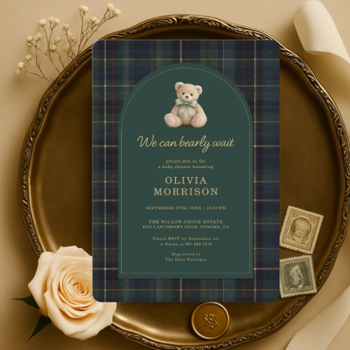 We Can Bearly Wait Green Plaid Baby Shower Invitation