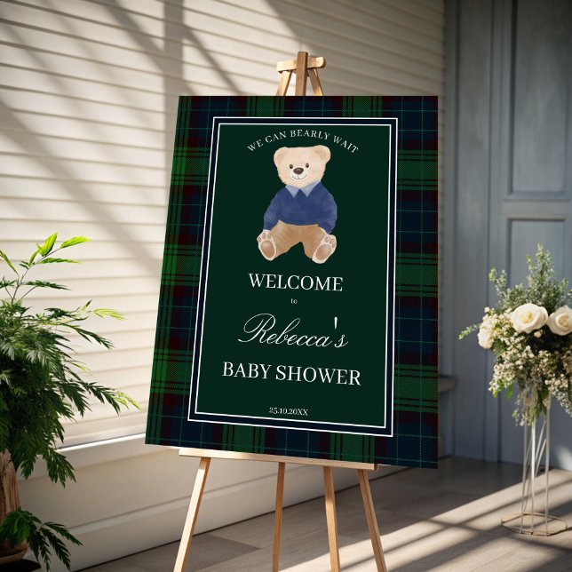 We can bearly wait green plaid baby shower welcome foam board (We can bearly wait green plaid polo teddy bear baby shower personalized welcome sign board)