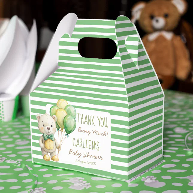 We can bearly wait green teddy bear baby shower favor boxes | Zazzle