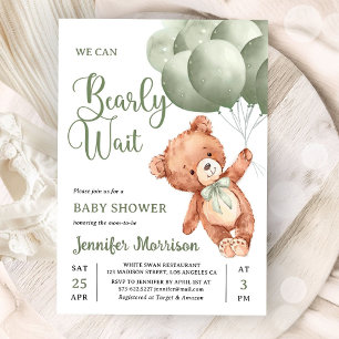 We Can Bearly Wait Green Teddy Bear Baby Shower Invitation