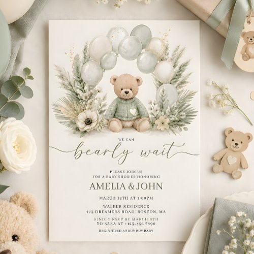 We Can Bearly Wait Green Teddy Bear Baby Shower Invitation
