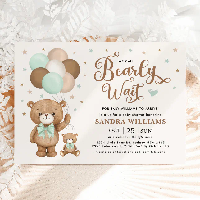 We Can Bearly Wait Green Teddy Bear Baby Shower Invitation 