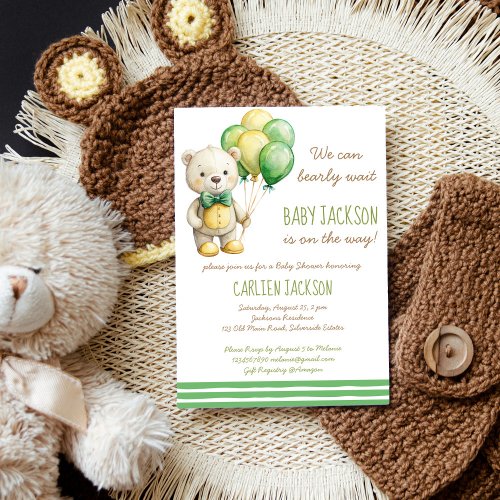 We can bearly wait green teddy bear baby shower invitation