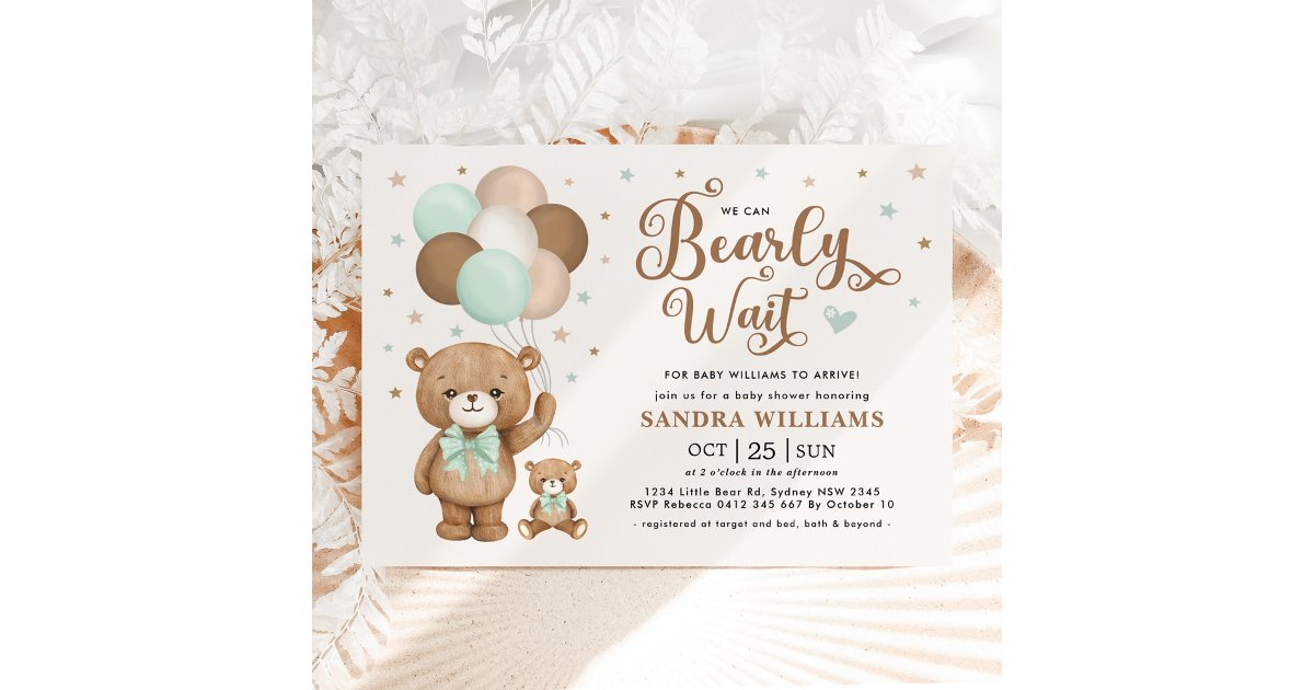 We Can Bearly Wait Green Teddy Bear Baby Shower Invitation | Zazzle