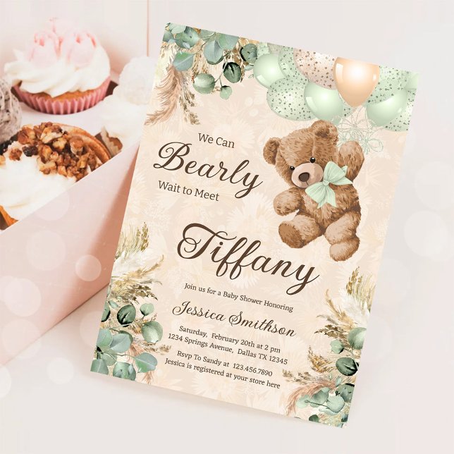 We Can Bearly Wait Green Teddy Bear Baby Shower Invitation (Creator Uploaded)