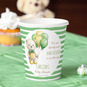 We can bearly wait green teddy bear baby shower paper cups