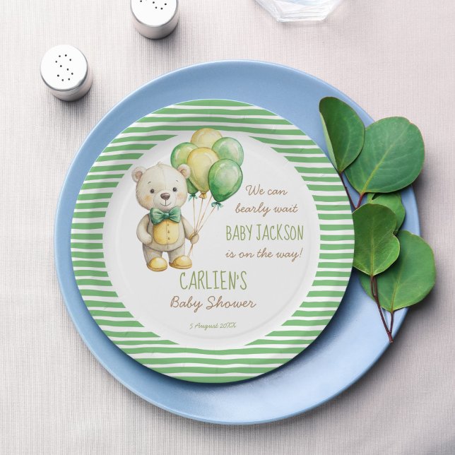 We can bearly wait green teddy bear baby shower paper plates (We can bearly wait sage green cute teddy bear baby shower personalized monogram printed paper plates)