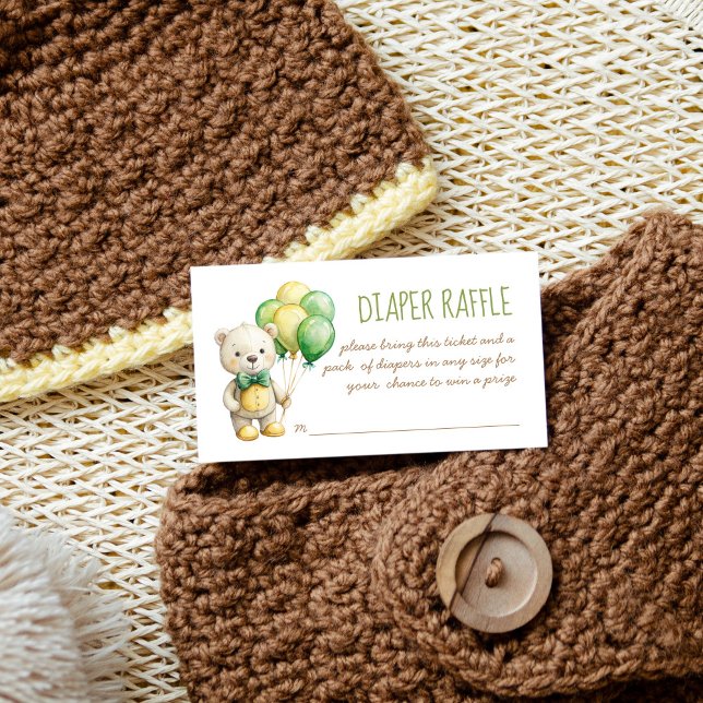 We can bearly wait green teddy bear diaper raffle enclosure card (We can bearly wait sage green teddy bear diaper raffle  card balloons cute teddy raffle tickets)