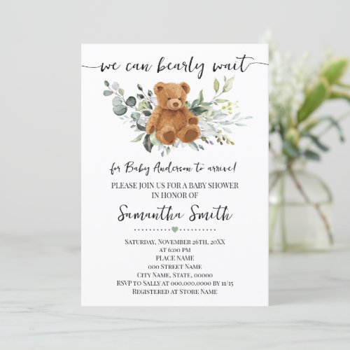 We Can Bearly Wait Greenery Bear Baby Shower Invitation