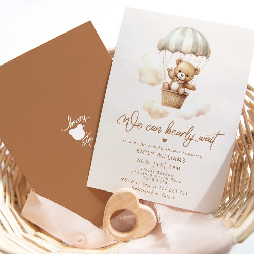 We can bearly wait hot air balloon baby shower invitation
