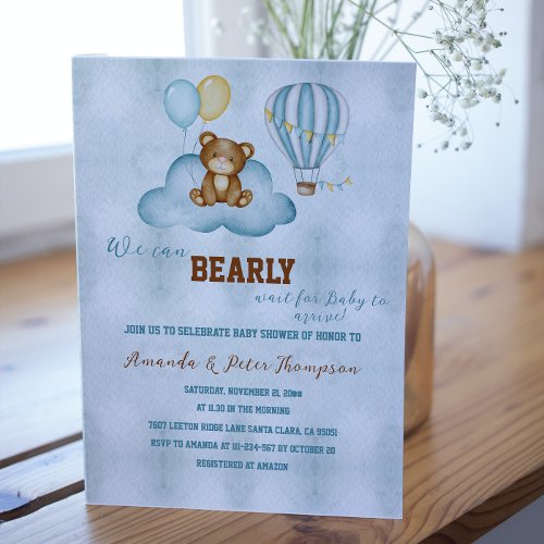 We Can Bearly Wait Hot Air Balloon Baby Shower  Invitation