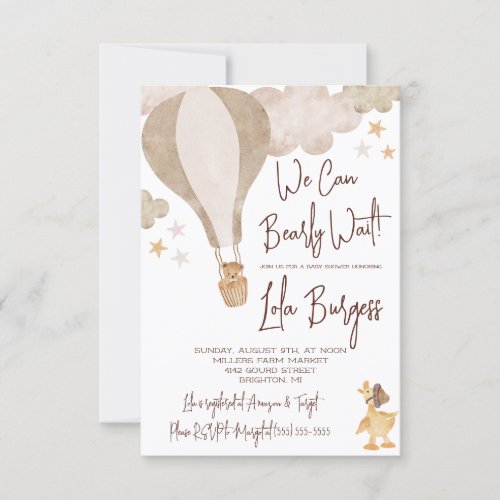 We can bearly Wait Hot Air Balloon Baby Shower Invitation