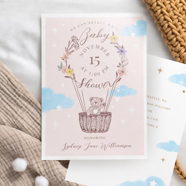 We Can Bearly Wait Hot Air Balloon Teddy Bear Pink Invitation | Zazzle