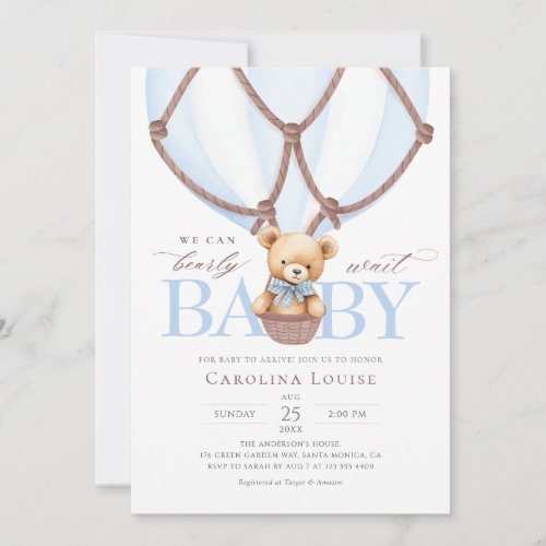 We Can Bearly Wait Hot Air Baloon Baby Shower   Invitation