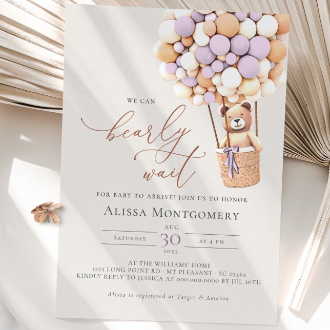 We Can Bearly Wait! Lavender Baby Shower Invitation