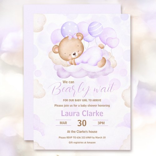 We Can Bearly Wait Lavender Girl Bear Baby Shower Invitation