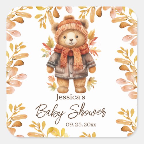 We Can Bearly Wait Leaves Baby Shower  Square Sticker