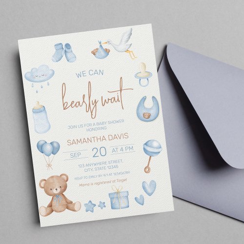 We Can Bearly Wait Light Blue Boy Baby Shower Invitation
