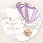 We Can Bearly Wait Lilac Teddy Bear Baby Shower Round Paper Coaster<br><div class="desc">These coasters feature a soft hot air balloon teddy bear design and modern fonts. The script heading is an image that cannot be edited. All of the other text is fully editable. For more advanced customization of this design,  simply select the "Customize It" button above.</div>