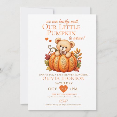 We Can Bearly Wait Little Pumpkin Fall Baby Shower Invitation