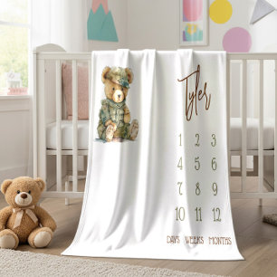 We Can Bearly Wait! Military Teddy Baby Milestone Fleece Blanket