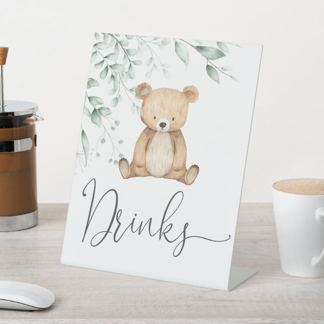 We Can Bearly Wait Minimalist Greenery Drinks Pedestal Sign (In SItu)
