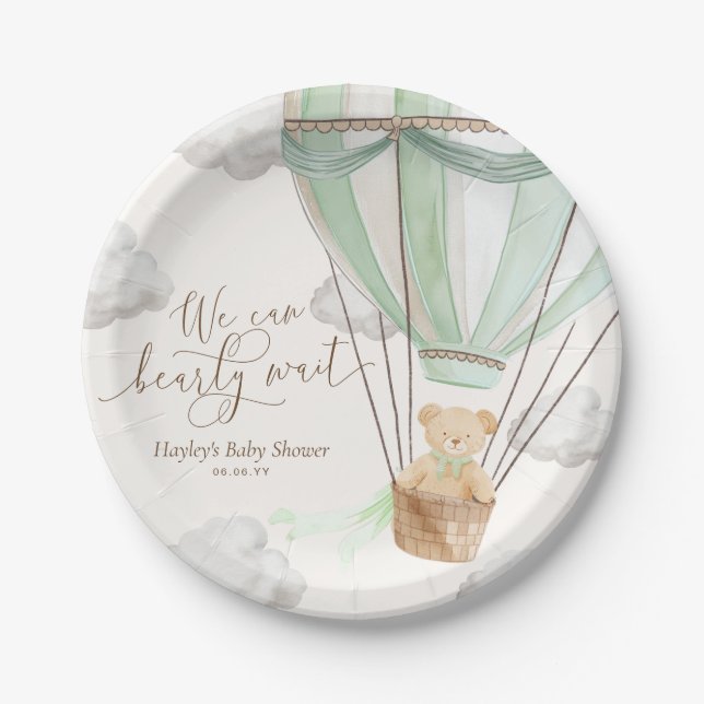 We Can Bearly Wait Mint Green Baby Shower Paper Plates (Front)