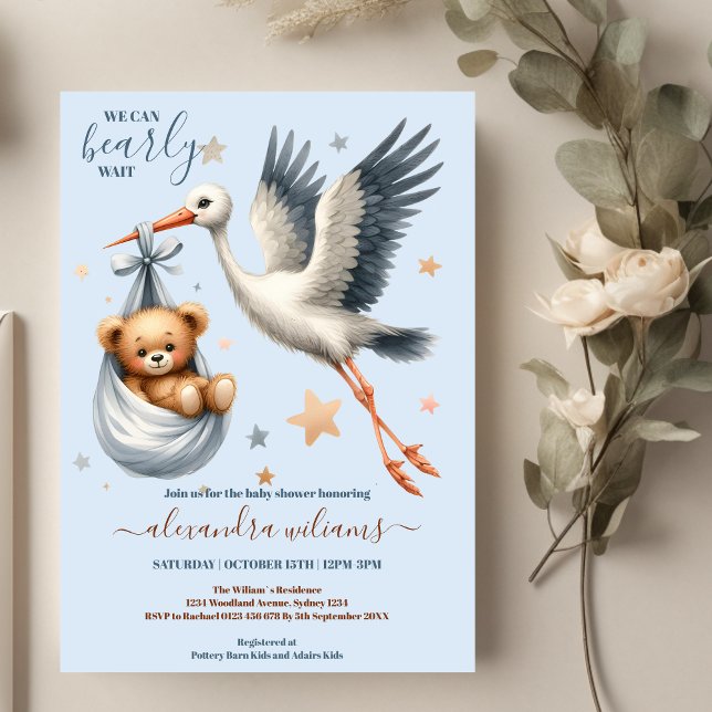 We Can Bearly Wait Modern Bear Baby Boy Shower Invitation (Creator Uploaded)