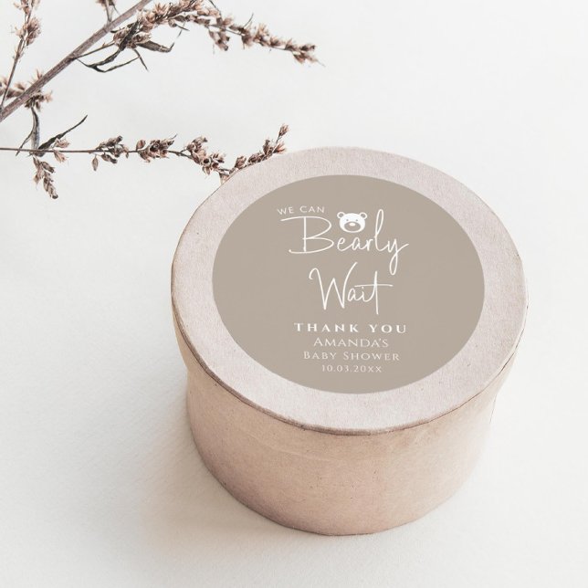 We Can Bearly Wait Modern Minimalist Baby Shower  Classic Round Sticker (Creator Uploaded)