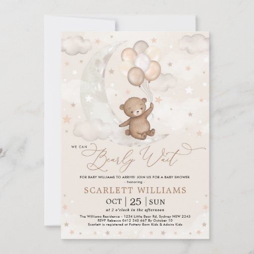 We Can Bearly Wait Moon Bear Balloons Baby Shower Invitation | Zazzle